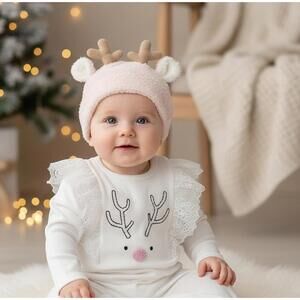 Infant Chick Pea 3-piece Set Waffle Knit Reindeer Pj’s 0-3 months
